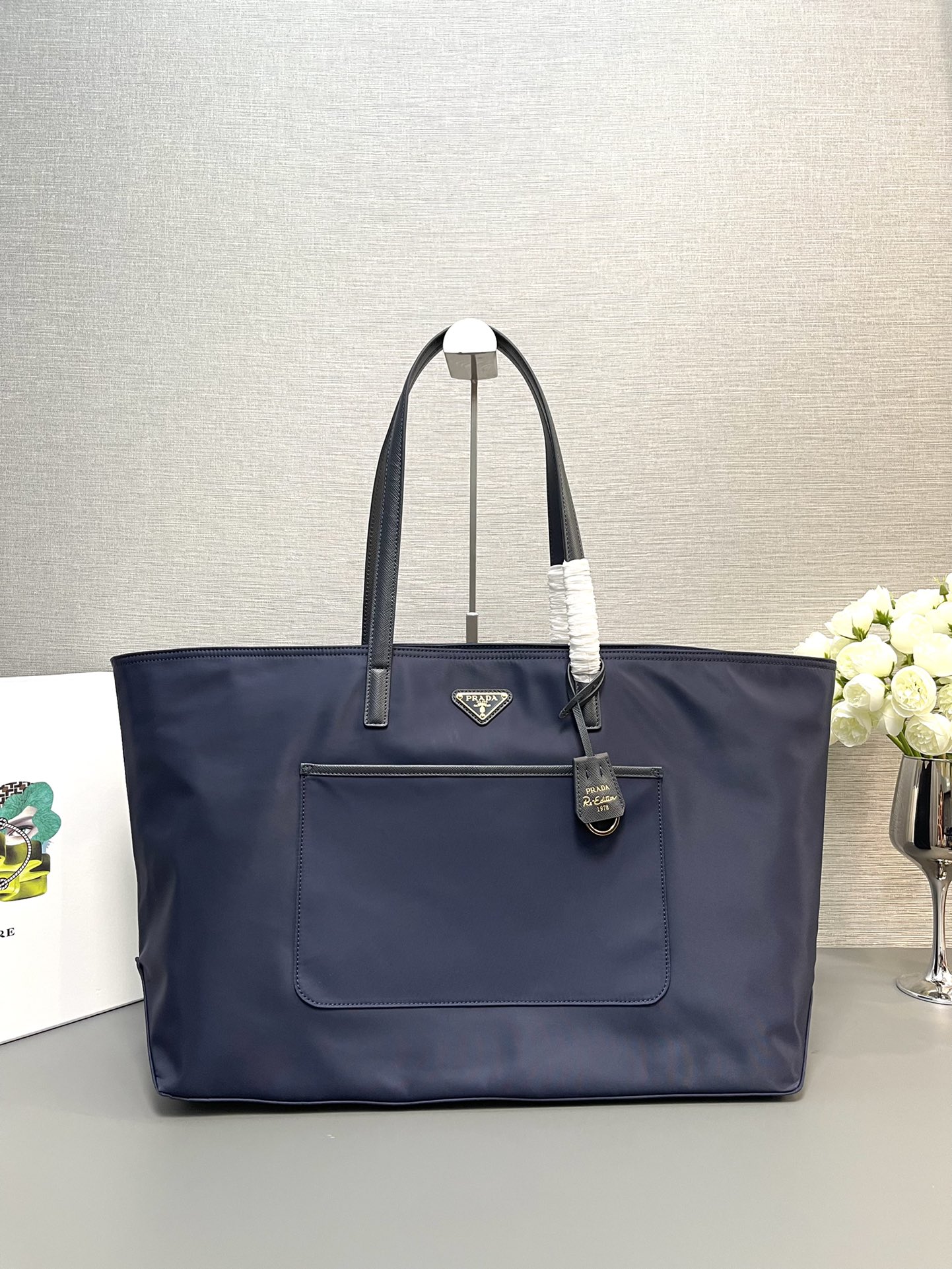 Prada Large Re Edition 1978 Re Nylon And Saffiano Leather Tote Bag Navy 1BG527